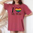 I Heart My Wife Lesbian Pride Typography With Rainbow Heart Women's Oversized Comfort T-shirt Crimson