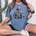 Cowboy Skeleton Drinking Whiskey Western Outlaw Skull Saloon Women's Oversized Comfort T-shirt Blue Jean