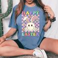 Happy Easter For Girls Groovy Hippie Face Bunny Women's Oversized Comfort T-shirt Blue Jean