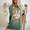 Hippie Peace Hand Sign Groovy Flower 60S 70S Retro Women's Oversized Comfort T-Shirt Moss