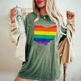 Ohio Map Gay Pride Rainbow Flag Lgbt Support Women's Oversized Comfort T-Shirt Moss