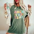 Rock The Test Retro Groovy Teacher Test Day Testing Day Women's Oversized Comfort T-Shirt Moss