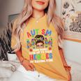 Autism Mom Raising Hero Groovy Messy Bun Autism Awareness Women's Oversized Comfort T-Shirt Mustard