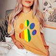 Dog Paw Print Lgbtq Rainbow Flag Gay Pride Ally Dog Lover Women's Oversized Comfort T-Shirt Mustard