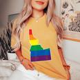 Gay Pride Flag Idaho State Map Rainbow Stripes Women's Oversized Comfort T-Shirt Mustard