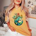 Happy Earth Day Cute Earth With Floral Earth Day 2024 Women's Oversized Comfort T-Shirt Mustard