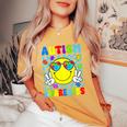 Retro Groovy Autism Awareness Hippie Smile Face Boy Girl Kid Women's Oversized Comfort T-Shirt Mustard
