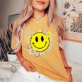 Retro Groovy Be Happy Smile Face Daisy Flower 70S Women's Oversized Comfort T-Shirt Mustard