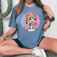 Cute Chibi Style Kawaii Anime Kitty Girl Chan With Cat Ears Women's Oversized Comfort T-Shirt Blue Jean