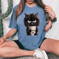 Angry Black Cat Drinking Coffee Loves Coffee Pet Women's Oversized Comfort T-Shirt Blue Jean