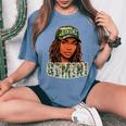 Gemini Queen Black Woman Camo Hat Locs Birthday Women's Oversized Comfort T-Shirt Blue Jean