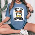 Girls Softball Fan Player Messy Bun Softball Lover Women's Oversized Comfort T-Shirt Blue Jean