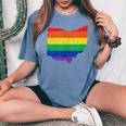 Ohio Map Gay Pride Rainbow Flag Lgbt Support Women's Oversized Comfort T-Shirt Blue Jean