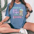 Retro Groovy Coffee Fueled By Iced Coffee And Anxiety Women's Oversized Comfort T-Shirt Blue Jean