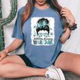 Warrior Messy Bun Teal Ribbon Addiction Recovery Women's Oversized Comfort T-Shirt Blue Jean