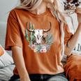 Western Boho Chic Longhorn Bull Skull Cactus Beige Pattern Women's Oversized Comfort T-Shirt Yam