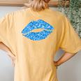 80S & 90S Kiss Mouth Lips Motif Vintage Blue Women's Oversized Comfort T-Shirt Back Print Mustard