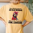 Never Underestimate An Old Woman Fluent In Fowl Language Women's Oversized Comfort T-Shirt Back Print Mustard