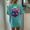 Edm Rave Trippy Cat Mushroom Psychedelic Festival Women's Oversized Comfort T-Shirt Back Print Chalky Mint