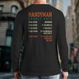 Handyman Hourly Rate Price Chart For A Handyman Or Dad Back Print Long Sleeve T-shirt