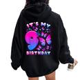 Birthday Girl 9 Year Old Butterfly Number 9 Women Oversized Hoodie Back Print Black