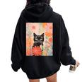 Black Cat And Flowers Cat Lover Cat Floral Cat Women Oversized Hoodie Back Print Black