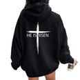 He Is Risen Pocket Christian Easter Jesus Religious Cross Women Oversized Hoodie Back Print Black