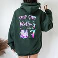 7Th Bday Rolling Into 7 Birthday Girl Roller Skate Party Women Oversized Hoodie Back Print Forest
