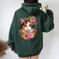 Cute Floral Calico Cat Women Oversized Hoodie Back Print Forest