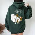 Adult Humor Jokes Who Came First Chicken Or Egg Women Oversized Hoodie Back Print Forest