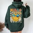 Retro Groovy Hello Summer Smile Face Hello Beach Vacation Women Oversized Hoodie Back Print Forest