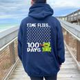 100 Days School Boys Girls Frog Time Flies Fly 100Th Women Oversized Hoodie Back Print Navy Blue