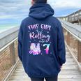 7Th Bday Rolling Into 7 Birthday Girl Roller Skate Party Women Oversized Hoodie Back Print Navy Blue