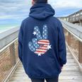 American Flag Peace Sign Hand 4Th Of July Women Women Oversized Hoodie Back Print Navy Blue