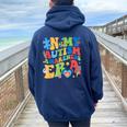 In My Autism Awareness Era Support Puzzle Be Kind Groovy Women Oversized Hoodie Back Print Navy Blue