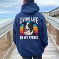 Border Collie Living Life On My Terms Vintage Border Collie Women Oversized Hoodie Back Print Navy Blue
