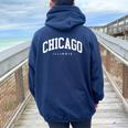 Chicago Illinois Vintage Varsity Style College Group Trip Women Oversized Hoodie Back Print Navy Blue