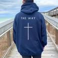 The Way Cross Minimalist Christian Religious Jesus Women Oversized Hoodie Back Print Navy Blue