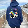 Cute Birthday Girl Orca Lovers & Killer Whale Lovers Rainbow Women Oversized Hoodie Back Print Navy Blue