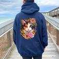 Cute Floral Calico Cat Women Oversized Hoodie Back Print Navy Blue