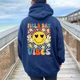 Field Day Vibes Fun Day Groovy Retro Field Trip Boys Girls Women Oversized Hoodie Back Print Navy Blue