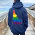 Gay Pride Flag Idaho State Map Rainbow Stripes Women Oversized Hoodie Back Print Navy Blue