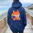 Gay Pride Kawaii Fox Ramen Noodles Rainbow Flag Women Oversized Hoodie Back Print Navy Blue