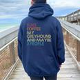 Greyhound Dog Owner Coffee Lovers Quote Vintage Retro Women Oversized Hoodie Back Print Navy Blue