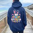 Groovy Surgery Squad Surgical Tech Nurse Bunny Ear Easter Women Oversized Hoodie Back Print Navy Blue