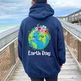 Happy Earth Day Cute Earth With Floral Earth Day 2024 Women Oversized Hoodie Back Print Navy Blue