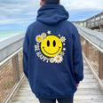 Be Happy Smile Face Retro Groovy Daisy Flower 70S Women Oversized Hoodie Back Print Navy Blue
