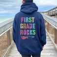 Hello 1St Grade Rocks Teacher Team First Gr Vibes Rockstar Women Oversized Hoodie Back Print Navy Blue