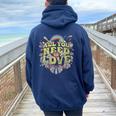 Hippie Peace Love Flower Power Retro Festival Protest Women Oversized Hoodie Back Print Navy Blue