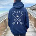 Idaho Retro Vintage Home State Map Distressed Arrows Women Oversized Hoodie Back Print Navy Blue